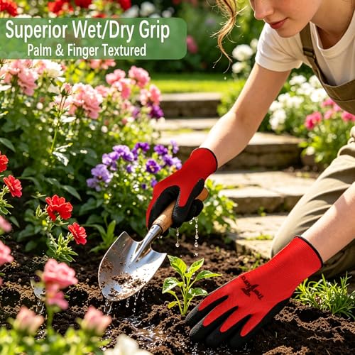 Unisex gardening gloves with a breathable latex coating, suitable for gardening, carrying, and other similar tasks - color: 6 Pairs Red Gloves
