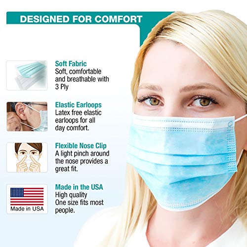 Disposable Face Masks Made in the USA, 50 Pack Blue Disposable Masks, 3 Ply Layer Soft, Disposable Mask, Breathable with Non Latex Elastic Ear Loops, Comfortable Nose.