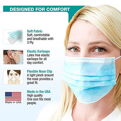 Disposable Face Masks Made in the USA, 50 Pack Blue Disposable Masks, 3 Ply Layer Soft, Disposable Mask, Breathable with Non Latex Elastic Ear Loops, Comfortable Nose.