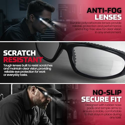 LED Inspector Safety Glasses | Protective Eyewear | Black Frame, Polycarbonate Clear Frames | Low to High Impact | Built-In LED Lights | 99.9% UV Protection | Woodworking, Construction, Mechanic