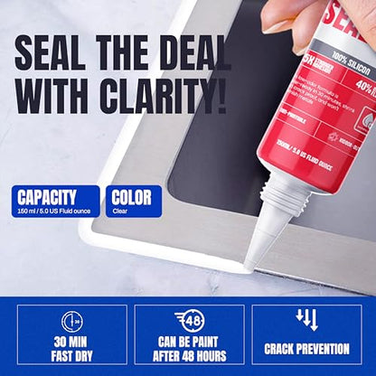 GH1200 White Silicone Sealant - 150 ML/5 FL Oz Waterproof Sealant for Kitchen & Bathroom - Shrink & Crack Proof Silicone Caulk - Indoor & Outdoor Use Sealant - Strong Formula Silicone Adhesive Tube