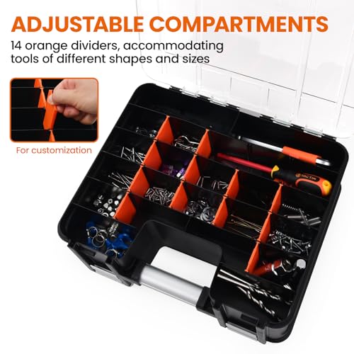 TACTIX Double-Sided Tool Organizer, Toolbox with 8-Storage Bins & 14 Adjustable Dividers & Transparent Lids, Portable Hardware Storage Box for Screws, Nuts, Fishing Accessories (Black&Orange) - style: Double Sided Tool Box