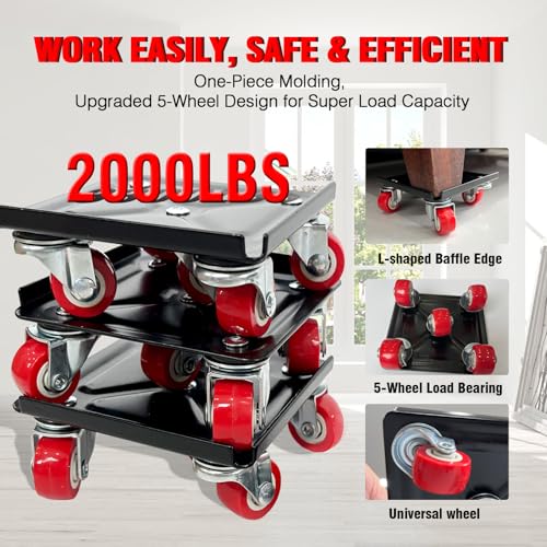 Furniture Dolly,4.1" Carbon Steel Panel Heavy Duty Dolly,with 5 360°Rotatable Rubber Universal Wheels,Non-Slip Sliders & Lifter,2000Lbs Load Capacity, Furniture Lifter for Sofa, Piano, Appliances - size: 4.1x4.1 IN