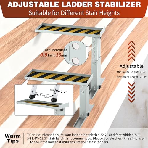 Adjustable Ladder Extender for Stairs, Metal Ladder Extender Stabilizer with Non-Slip Pads, Leveler for Straight/Extension/Telescope Ladders(550LBS Capacity,13.4" to 21.3" H Adjustable) - color: Gray