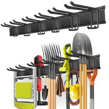 PIYILO Garage Tool Organizer Wall Mount with 48 inches Rails and 6 Double-layer Hooks, Garden Tool Rack Heavy Duty, Garage Hanging Storage Rack For Yard Tools, Shovel, Shed - size: 48 Inch Double-layer 6-hook