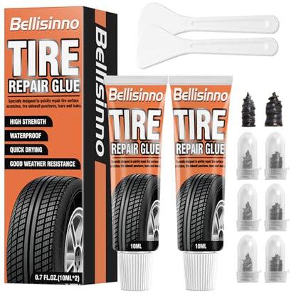 Bellisinno Tire Repair Glue, Sidewall Rubber Cement Kit, Two Sizes Nail, Suitable for Bike, Car, Motorcycle, Off-Road, Truck, Tractor, Black, 10ml*2