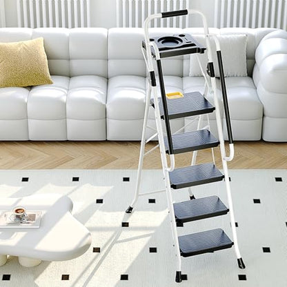 KINGRACK Folding 5-Step Ladder, 800 lbs Capacity Step Stool with Safety Lock, Tool Tray, Non-Skid Wide Steps, Handrail, Household Folding Ladder for Home, Garden, Painting, Outdoor, and Garage, White - size: 5-STEP
