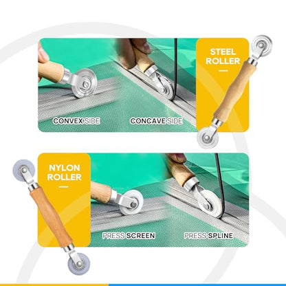 King&Charles Window Screen Door Repair/Replacement Kit, Include Gray Screen Mesh 59"x106"+ 2 Roller+50Ft Spline+8Clips+Hook, 6 in 1 Window Mesh Kit, Steel/Nylon Bearing Roller - color: Gray, size: 59"×106" Kit