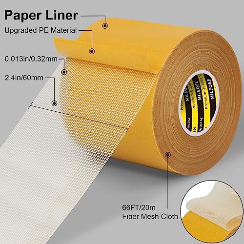 Double-Sided Mesh Carpet Tape Heavy Duty, 2.4in x 66FT (20m), Large Durable Duct Cloth Tape, High Stickiness Strong 2 Sided Tape for Rugs, Removable Multipurpose Tape, Easy Tear - size: 2.4" x 66FT