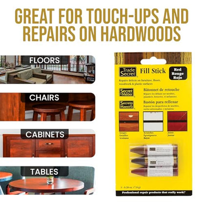 Wood Scratch Repair Fill Stick for Red Surfaces (Set of 3), Great for Touch-Ups and Repairs on Hardwoods Floors, Furniture, Cabinets and Plastic Surfaces. - color: Red Tones