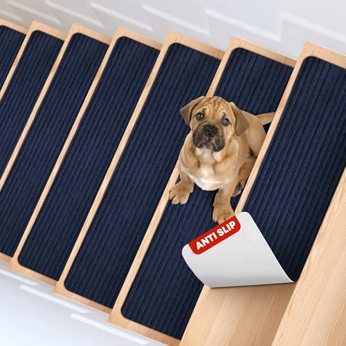 MBIGM 8" X 30" (15 in Pack) Non-Slip Carpet Stair Treads Non-Skid Safety Rug Slip Resistant Indoor Runner for Kids Elders & Pets with Reusable Adhesive - Navy - Carpet Pads for Stairs - color: Navy, size: 8" X 30" - 15 Pcs