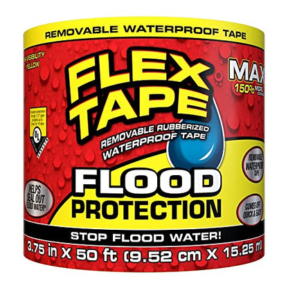 Flex Tape Flood Protection, 3.75 in x 50 ft, MAX, Waterproof Rubberized Tape, Removable, Use on Windows, Doors, Garage Doors, Casings, Thresholds, Conduits, Vents, Ducts - style: 3.75" x 50', MAX