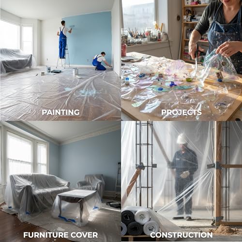 Painters Plastic Drop Cloth (12 Pack), 9x12 Feet, Plastic Tarp Dust Cover, Plastic Covers for Furniture, Plastic Drop Cloth for Painting, Painting Tarp