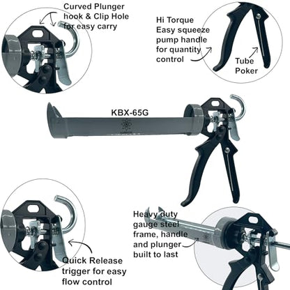 KBX73 Heavy duty 360 swivel barrel caulking dispenser 26:1 thrust ratio quick release trigger dripless 10 oz Professional Manual Caulk applicator (9) piece tool kit