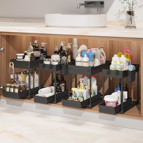 Sevenblue 4 Pack Under Sink Organizer, Bathroom Organizers and Storage, 2 Tier Multi-Use Pull Out Cabinet Organizer with Hang Hooks and Cups (Black, 4 Pack) - color: Black, size: 12.8 Inch
