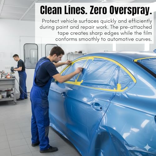 Pre-Taped Masking Film 35.4" x 66', Pack of 2 – Automotive Painters Plastic Sheeting with Built-In Tape – Overspray Protection for Auto Body, Home Painting & Renovation – Tear-Resistant Drop Cloth