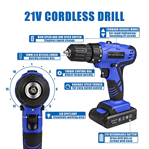 jar-owl 21V Tool Set with Drill, 350 in-lb Torque, 0-1350RMP Variable Speed, 10MM 3/8'' Keyless Chuck, 18+1 Clutch, 1.5Ah Li-Ion Battery & Charger for Home Tool Kit - style: 21V Brushed Motor Blue