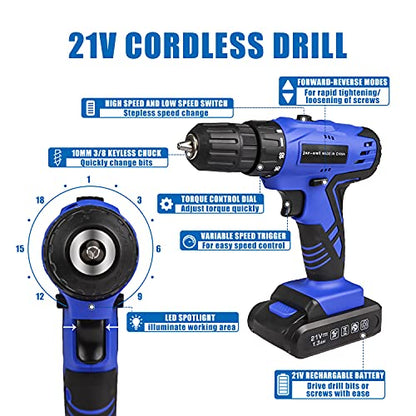 jar-owl 21V Tool Set with Drill, 350 in-lb Torque, 0-1350RMP Variable Speed, 10MM 3/8'' Keyless Chuck, 18+1 Clutch, 1.5Ah Li-Ion Battery & Charger for Home Tool Kit - style: 21V Brushed Motor Blue