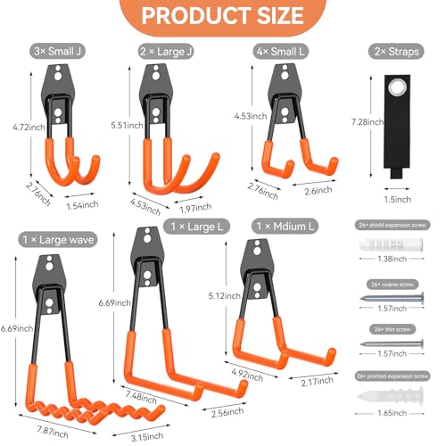 Garage Hooks Heavy Duty, 14 Pack Utility Steel Garage Storage Hook with Straps, Wall Mount Tool Organizer Hooks for Hanging Bike, Ladder and Garden Tools