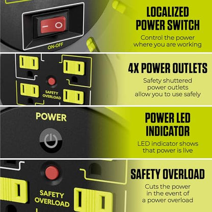 Masterplug 3ft Cord Reel, Retractable Extension Lead with Winding Handle, Safety Overload Circuit Breaker and Power Switch, 4x Grounded Outlets, 13amps, 14AWG Cable - size: 3 ft