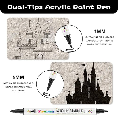 Swemos 2PCS Black Acrylic Paint Pens Markers, Dual Tip with Fine Tip and Brush Tip Pens Acrylic Paint Markers Waterproof Acrylic Markers Set for Rock, Canvas Stone, Wood, Glass, Metal (BLACK, 2) - style: BLACK