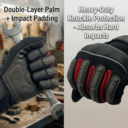 Mechanic Gloves for Men, Heavy Duty Impact-Resistant Synthetic Leather Automotive Work Gloves with TPR Knuckle Armor, SBR Padded Anti-Vibration Palm,Touchscreen Fingertips, Reinforced Palm