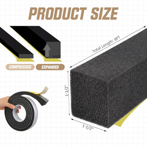 Pangda 2 Rolls 1-1/2 Inch W x 1-1/2 Inch H Expandable Foam Weatherstripping with Adhesive Expandable Foam Density Closed Cell Tape Seal for Uneven Gaps Doors Windows, Black