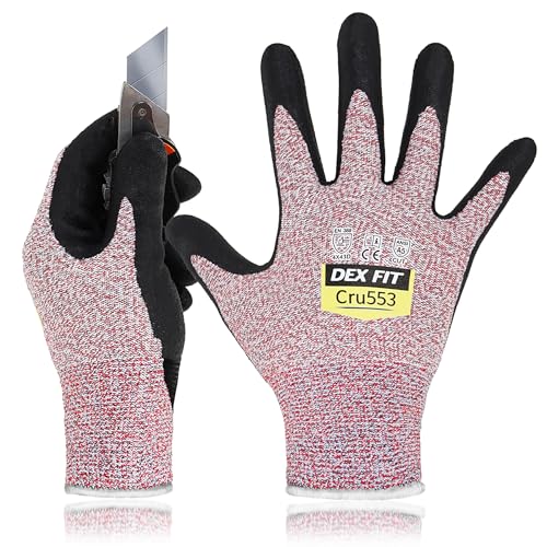 DEX FIT Level 5 Cut Resistant Gloves Cru553-3D Comfort Fit, Power Grip Foam Nitrile, Touchscreen, Thin & Breathable - Durable Safety for Mechanic, Glass, Metal; Red, S (7), 1 Pair - color: Red, size: Small