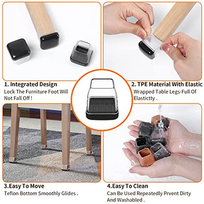 Ezprotekt Chair Leg Sliders for Carpet, 24 Pcs Square Chair Glides for Carpet, Carpet Furniture Pads Stool Leg Protectors Caps, Carpet Furniture Glides Quickly and Easily (M Fit: 0.75" - 1") - size: M - Clear
