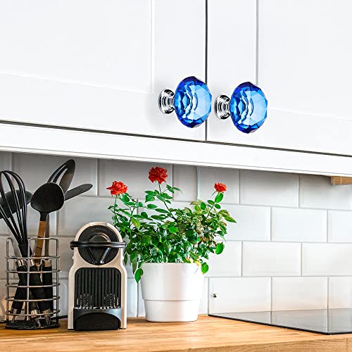 Ravinte 5 Pack Blue Crystal Knobs for Dresser Drawers - 30 mm Glass Cabinet Diamond Shaped Knobs With Silver Base - color: Blue