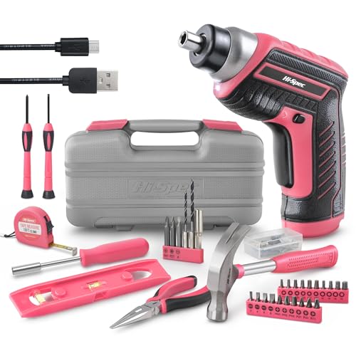 Hi-Spec 35-Piece Tool Kit with 3.6V USB Small Electric Screwdriver Set, Pink Drill Set for Women, Tool Kit for Home - color: Pink, size: 35 Pieces