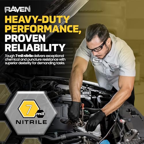 Raven Powder Free Nitrile Disposable Gloves | 7 Mil - Med | Latex Free, Chemical + Puncture Resistant, Textured Grip, Single Use | for Automotive, Industrial, Janitorial, MRO, Food Service | 66517 - size: Medium, style: Glove