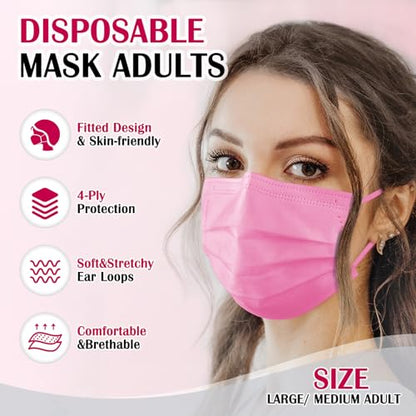 Disposable Face Mask For Adults - Travel Essentials, 100 Pack Individually Wrapped, 4 Ply Protection,Safety Masks Disposable - color: Pink