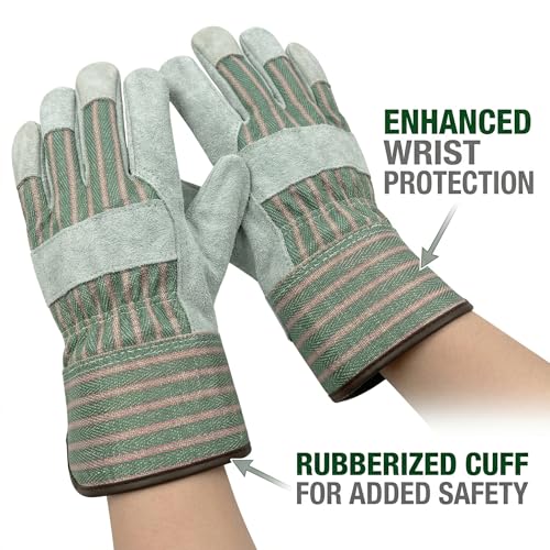 Work Gloves for Men, Durable Leather Mechanic Gloves with Rubberized Safety Cuff - color: Blue