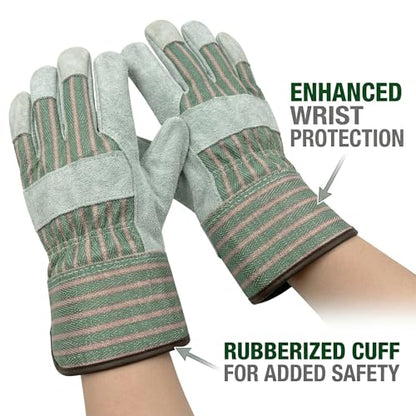 Work Gloves for Men, Durable Leather Mechanic Gloves with Rubberized Safety Cuff - color: Blue