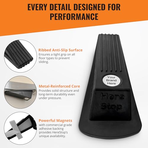 Door STOPPERS for Bottom of Door — Heavy Duty Rubber Wedge Stopper with Galvanized Metal Bottom Includes a Powerful Magnet with a Commercial Grade Adhesive Backing. Only brandable Stopper.