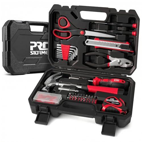 Prostormer 93-Piece Tool Kit, Basic Household Repair Tool Set with Toolbox Storage Case, Small Starter Tool Box Kit for Homeowners and College Students (Red) - color: Red