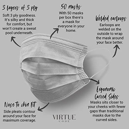 VIRTUE CODE On The Go Curved Face Masks - Soft 3 Ply Comfort 50 Disposable Face Masks - color: Grey