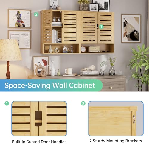 SMIBUY Bathroom Cabinet Wall Mounted, Bamboo Over-The-Toilet Storage Organizer, Space Saver Medicine Cabinet with 2 Door and Adjustable Shelves (Natural) - color: Natural