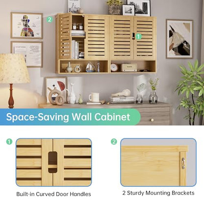 SMIBUY Bathroom Cabinet Wall Mounted, Bamboo Over-The-Toilet Storage Organizer, Space Saver Medicine Cabinet with 2 Door and Adjustable Shelves (Natural) - color: Natural