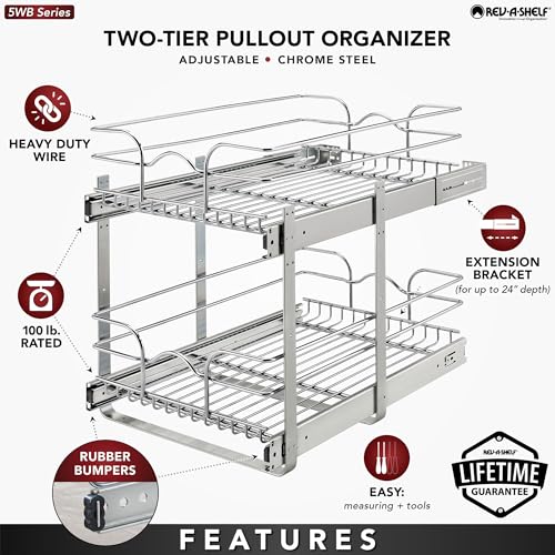 Rev-A-Shelf 2-Tier Kitchen Cabinet Pullout Shelf and Drawer Organizer Slide Out Pantry Storage Basket in Multiple Sizes, 15 x 22 In, 5WB2-1522CR-1 - size: 15"W x 22"D, style: Two Tier