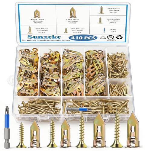 410 PCS Self Drilling Drywall Anchors with Screws Kit - 2 Sizes Sheetrock Anchors & 4 Sizes Zinc Expansion Screws,2025 Upgraded Zinc Plated Steel,No Drill Needed, Holds Up to 66LB on Walls - size: Kit-410pcs