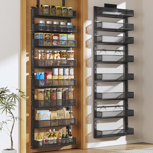 Pantry Door Organizers and Storage, 8-Tier Large Metal Heavy-Duty Frame Over the Door Spice Rack, 2 in 1 Wall-Mounted or Hanging shelf for Kitchen, Bathroom, Laundry Room, Bedroom, Closet &Nursery - color: Black, size: 17.12"W-8 tier