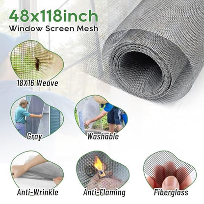 King&Charles Window Screen Door Mesh, Window Screen Replacement/Repair Kit, 48”x118” Fiberglass Gray Mesh, Durable&Visibility & Cuttable & Washble, Easy to Replace/Install/DIY. - color: Gray, size: 48"×118"Mesh