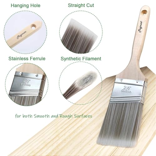 Magimate Wood Stain Paint Brush Set Angled Sash and Flat Painting Brushes Assortment for Baseboards, Wall Trim, House Touch-Ups, Cabinets and Fence Staining, Pack of 5