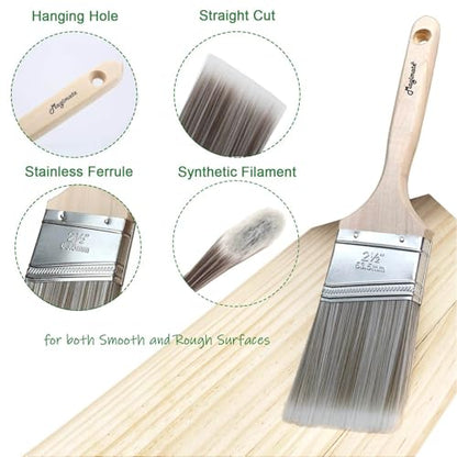 Magimate Wood Stain Paint Brush Set Angled Sash and Flat Painting Brushes Assortment for Baseboards, Wall Trim, House Touch-Ups, Cabinets and Fence Staining, Pack of 5