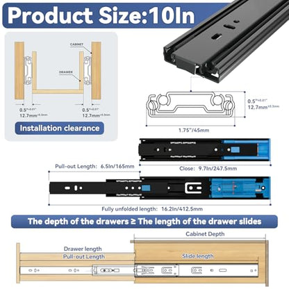 ToBeGreat Push to Open Soft Close Drawer Slides 10 Inch Side Mount Dresser Runner Black, 2/3 Full Extension Ball Bearing 100 LB Kitchen Nightstand Glides Rails 1 Pair - color: Black(Push to Open & Soft Close)-1 pair, size: 10 Inch