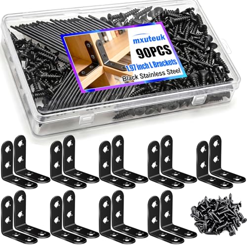 mxuteuk 90PCS 1.97inch L Brackets for Shelves,Black Stainless Steel Shelf Brackets,L Shape Heavy Duty Metal Corner Brace for Wood Furniture Cabinet Chair - color: Black-50mm/1.97in