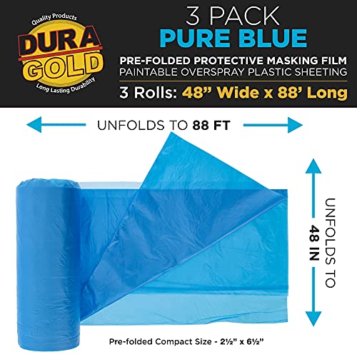 Dura-Gold 48" x 88' Pure Blue Pre-Folded Masking Film, (3 Pack) Painters Plastic Roll (0.4 Mil), Pull Down Drop Sheet, Pre-Folded Plastic Sheeting for Painting Protection on Auto, Walls, Furniture