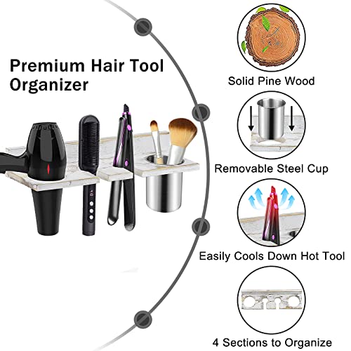 Hair Tool Organizer Wall Mounted, Sturdy Pine Wood Construction, Removable Stainless Steel Cup, Holds Hair Dryers, Straighteners, Curling Irons, Brushes, and More, White - color: White